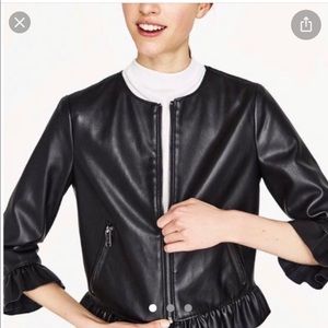 Zara faux leather jacket with cropped ruffled sleeves in black